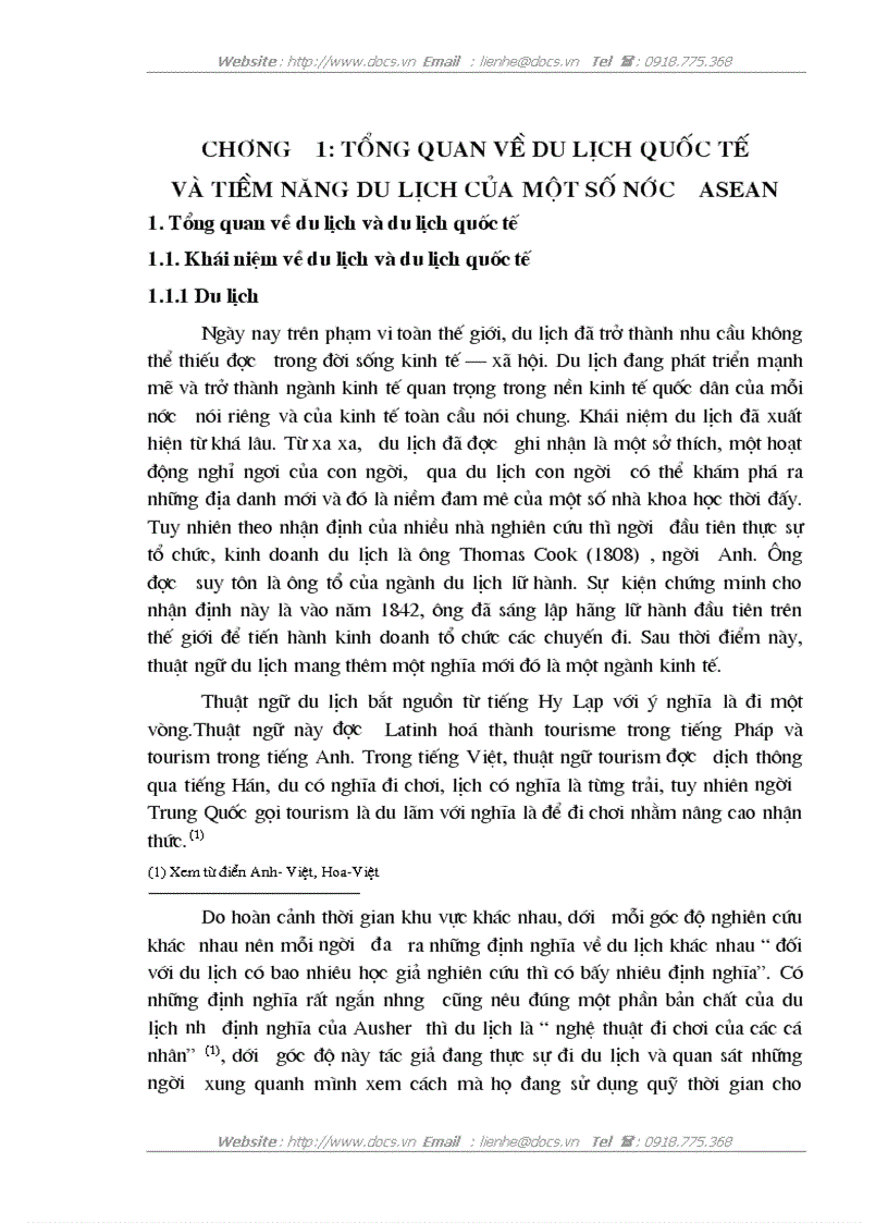 Tổng quan về du lịch quốc tế và tiềm năng du lịch của một số nước asean