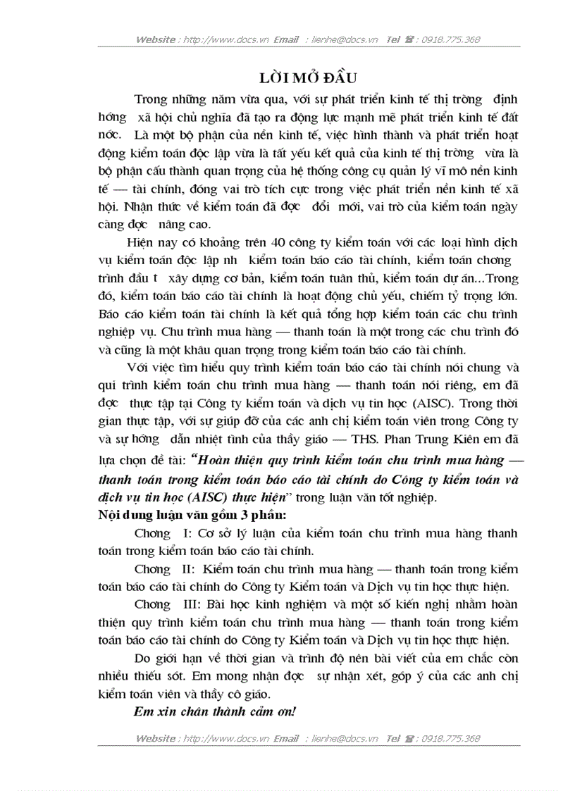 Hoàn thiện quy trình kiểm toán chu trình mua hàng thanh toán trong kiểm toán báo cáo tài chính do Công ty kiểm toán và dịch vụ tin học AISC thực h