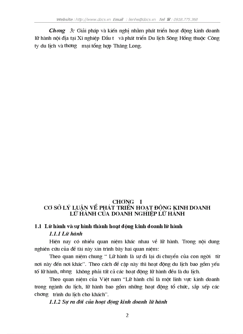 Giải pháp phát triển hoạt động kinh doanh lữ hành nội địa của Xí nghiệp Đầu tư và phát triển du lịch Sông Hồng thuộc Công ty Du lịch và thương mại tổn