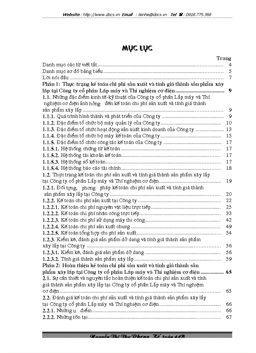 image for page Kế toán chi phí sản xuất và tính giá thành sản phẩm xây lắp tại Công ty cổ phần Lắp máy và Thí nghiệm cơ điện