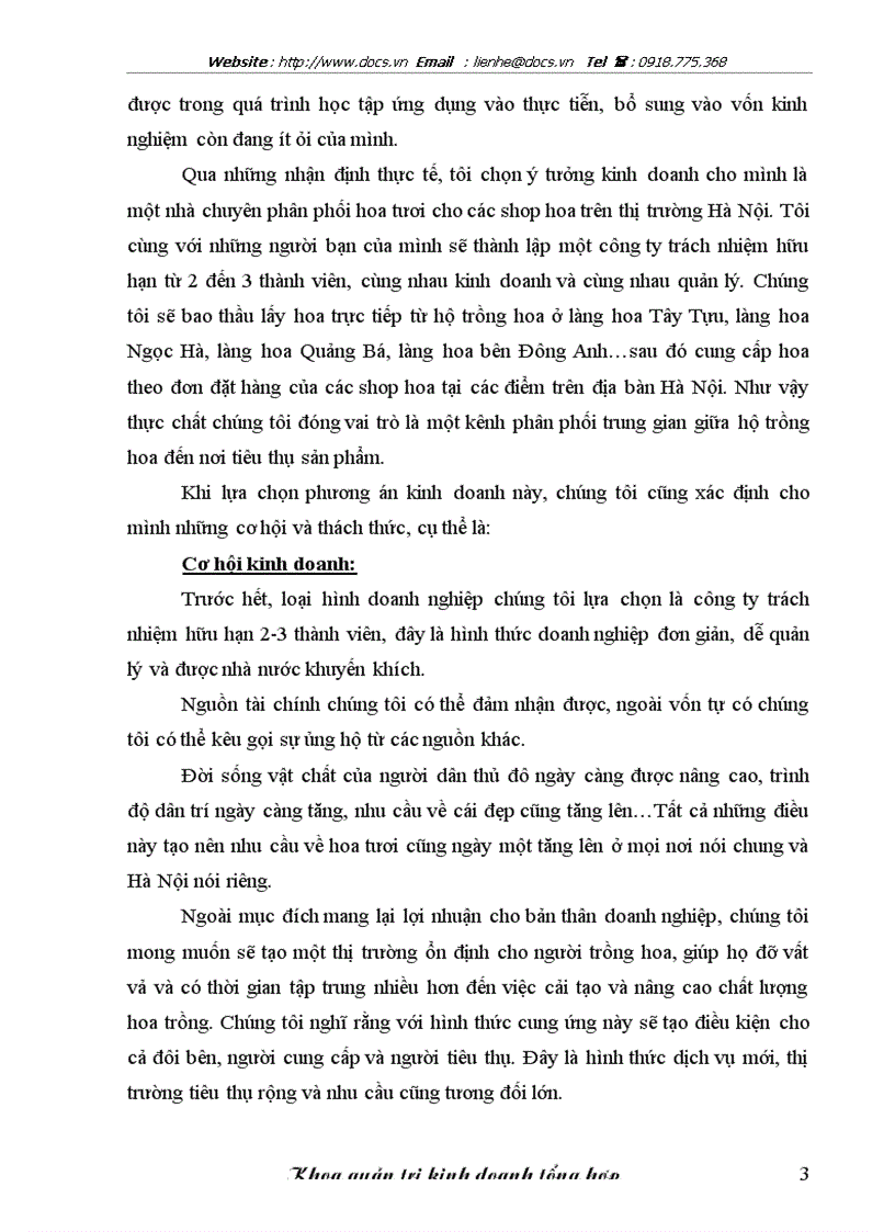 Ýtưởng kinh doanh thành lập công ty chuyên phân phối hoa tươi cho các cửa hàng bán hoa trên thị trường Hà Nội