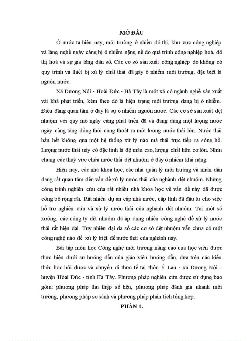 Nghiên cứu hệ thống xử lý nước thải dệt nhuộm thôn ỷ lan xã dương nội huyện hoài đức tỉnh hà tây