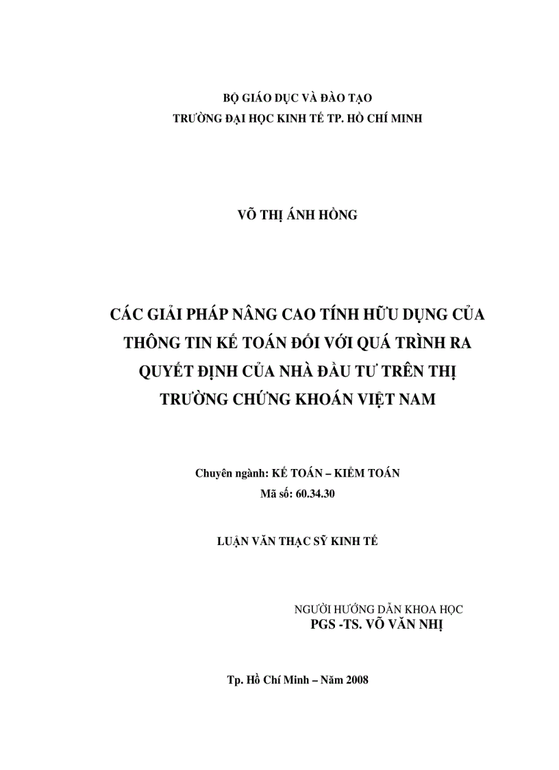 image for page Giải pháp nâng cao tính hữu dụng của thông tin kế toán đối với quá trình ra quyết định của nhà đầu tư trên thị trường chứng khoán Việt Nam
