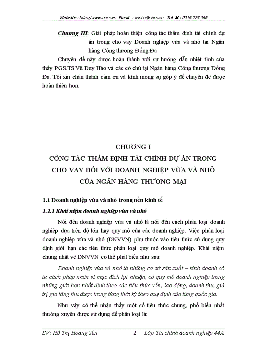 Hoàn thiện công tác thẩm định tài chính dự án trong cho vay Doanh nghiệp vừa và nhỏ tại Ngân hàng Công thương Đống Đa