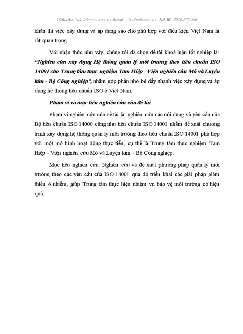 image for page Nghiên cứu xây dựng Hệ thống quản lý môi trường theo tiêu chuẩn ISO 14001 cho Trung tâm thực nghiệm Tam Hiệp Viện nghiên cứu Mỏ và Luyện kim