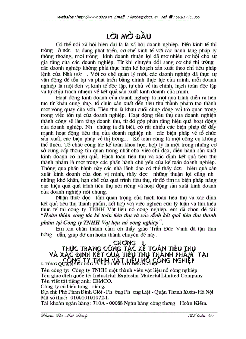 image for page Hoàn thiện công tác kế toán tiêu thụ và xác định kết quả tiêu thụ thành phẩm tại Công ty TNHH Vật liệu nổ công nghiệp