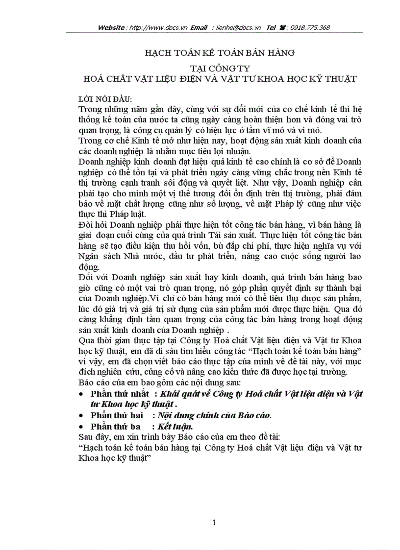 Hạch toán kế toán bán hàng tại cễng ty hoá chất vật liệu điện và vật tư khoa học kỹ thuật
