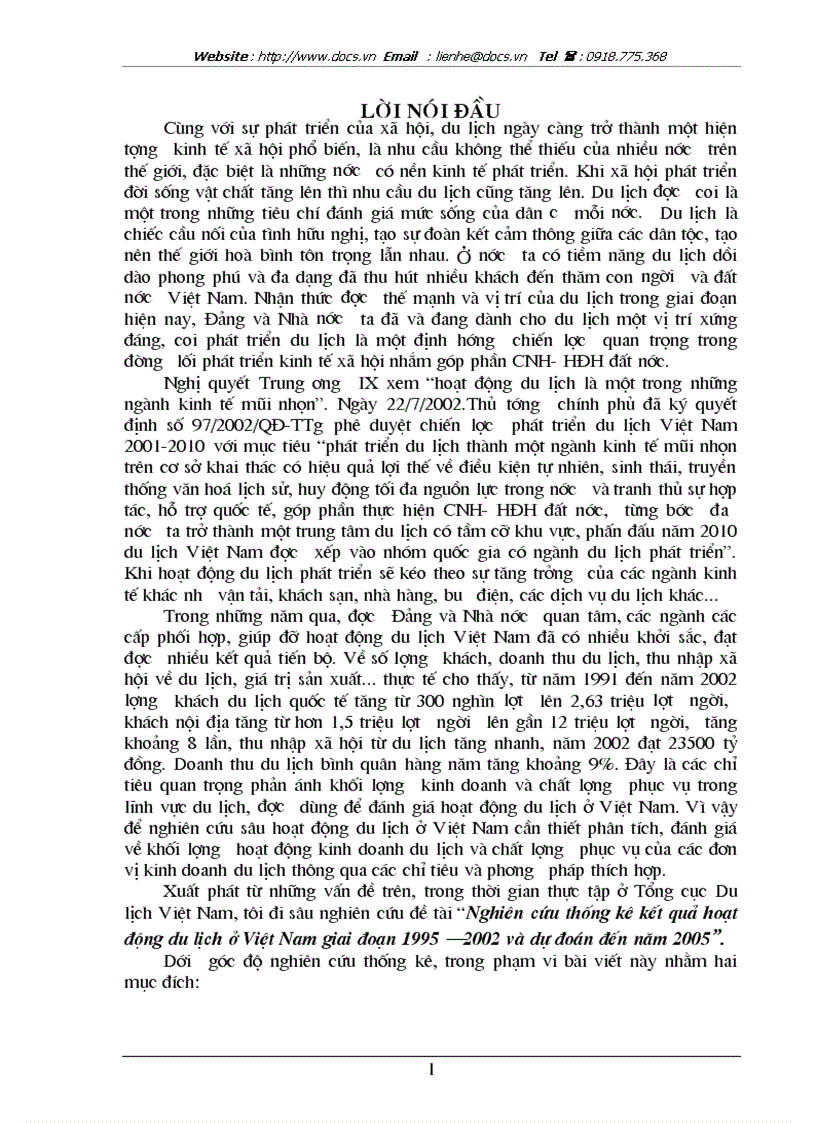 Nghiên cứu thống kê kết quả hoạt động du lịch ở Việt Nam giai đoạn 1995 2002 và dự đoán đến năm 2005