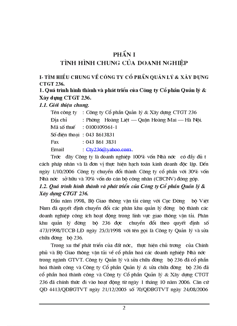 image for page Quá trình hình thành và phát triển của Công ty Cổ phần Quản lý Xây dựng CTGT 236