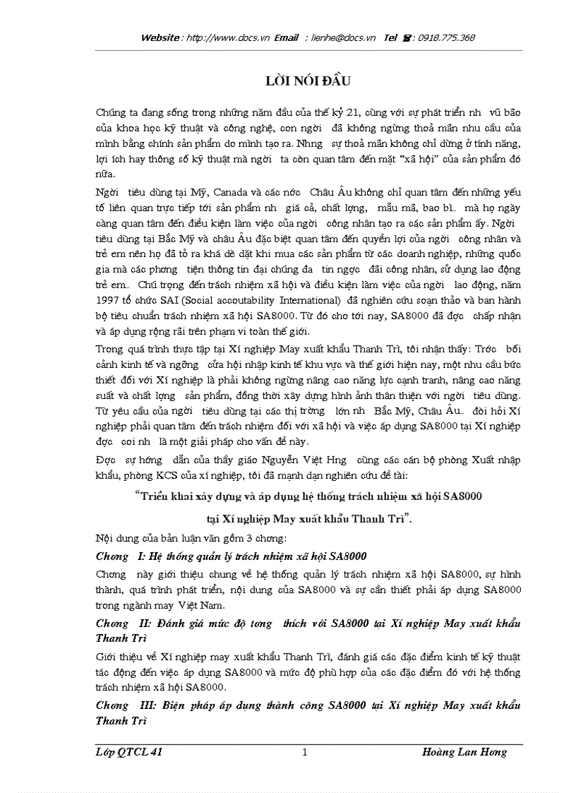 image for page Triển khai xây dựng và áp dụng hệ thống trách nhiệm xã hội SA8000 tại Xí nghiệp May xuất khẩu Thanh Trì