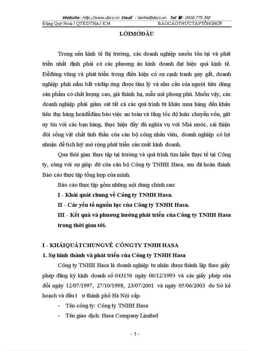 image for page Báo cáo thực tập tổng hợp thực tế tại Công ty TNHH Hasa