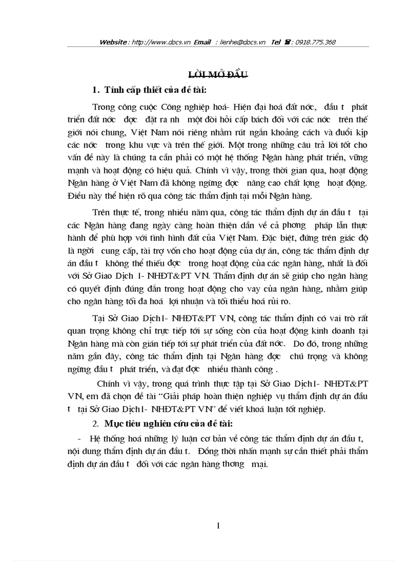 image for page Giải pháp hoàn thiện nghiệp vụ thẩm định dự án đầu tư tại Sở Giao Dịch1 NHĐT PT VN