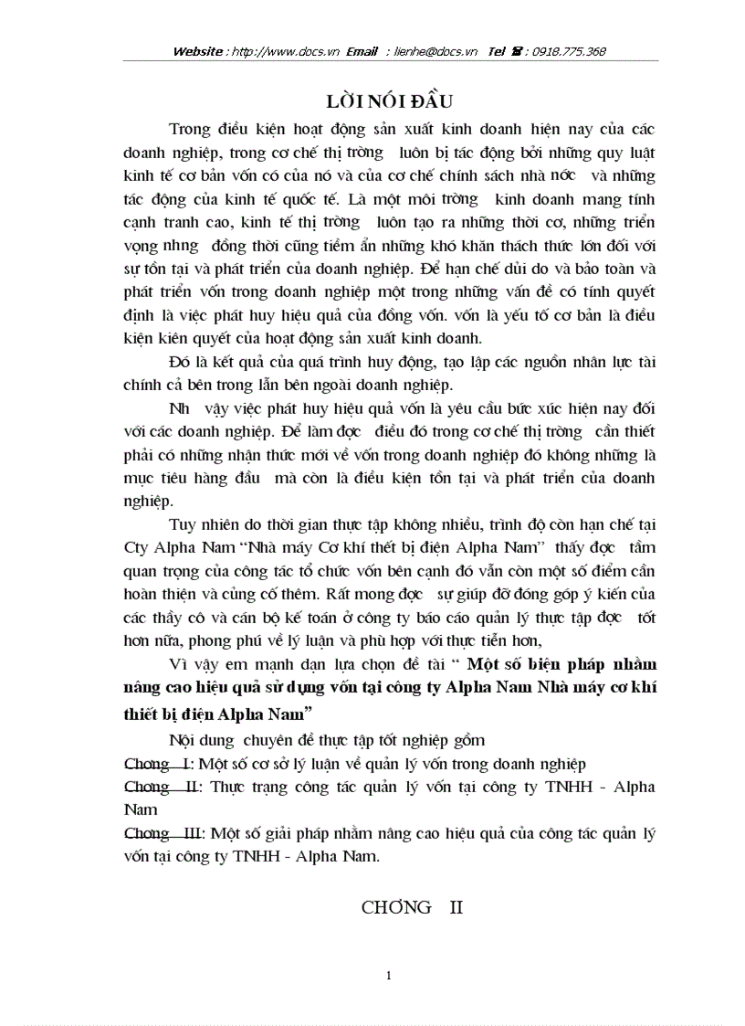 1số biện pháp nhằm nâng cao hiệu quả sử dụng vốn tại Công ty Alpha Nam Nhà máy cơ khí thiết bị điện Alpha Nam