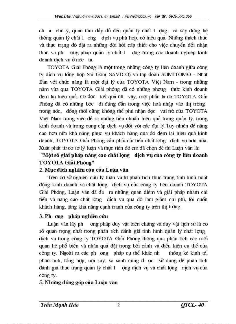 Một số giải pháp nâng cao chất lượng dịch vụ của công ty liên doanh TOYOTA Giải Phóng