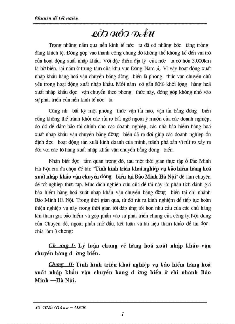 Giải pháp và kiến nghị nhằm phát triển nghiệp vụ bảo hiểm hàng hoá xuất nhập khẩu vận chuyển bằng đường biển tại Bảo Minh Hà Nội