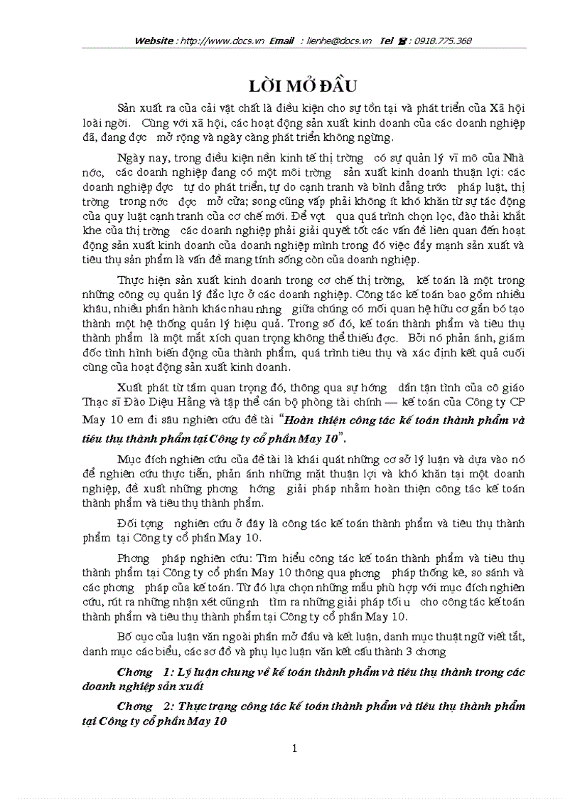 Hoàn thiện công tác kế toán thành phẩm và tiêu thụ thành phẩm tại Công ty cổ phần May 10