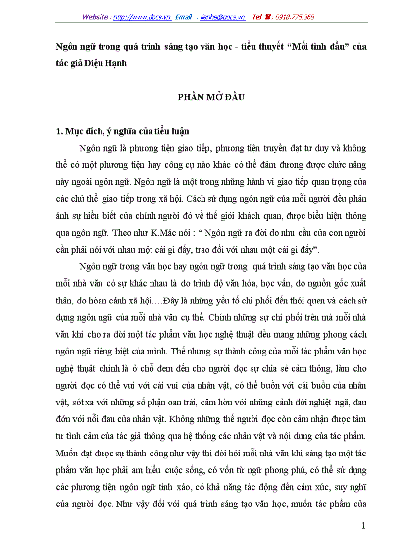 image for page Ngôn ngữ trong quá trình sáng tạo văn học tiểu thuyết Mối tình đầu của tác giả Diệu Hạnh