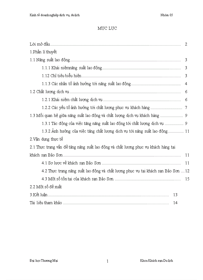 Thực trạng vấn đề tăng năng suất lao động và chất lượng phục vụ khách hàng tại khách sạn Bảo Sơn