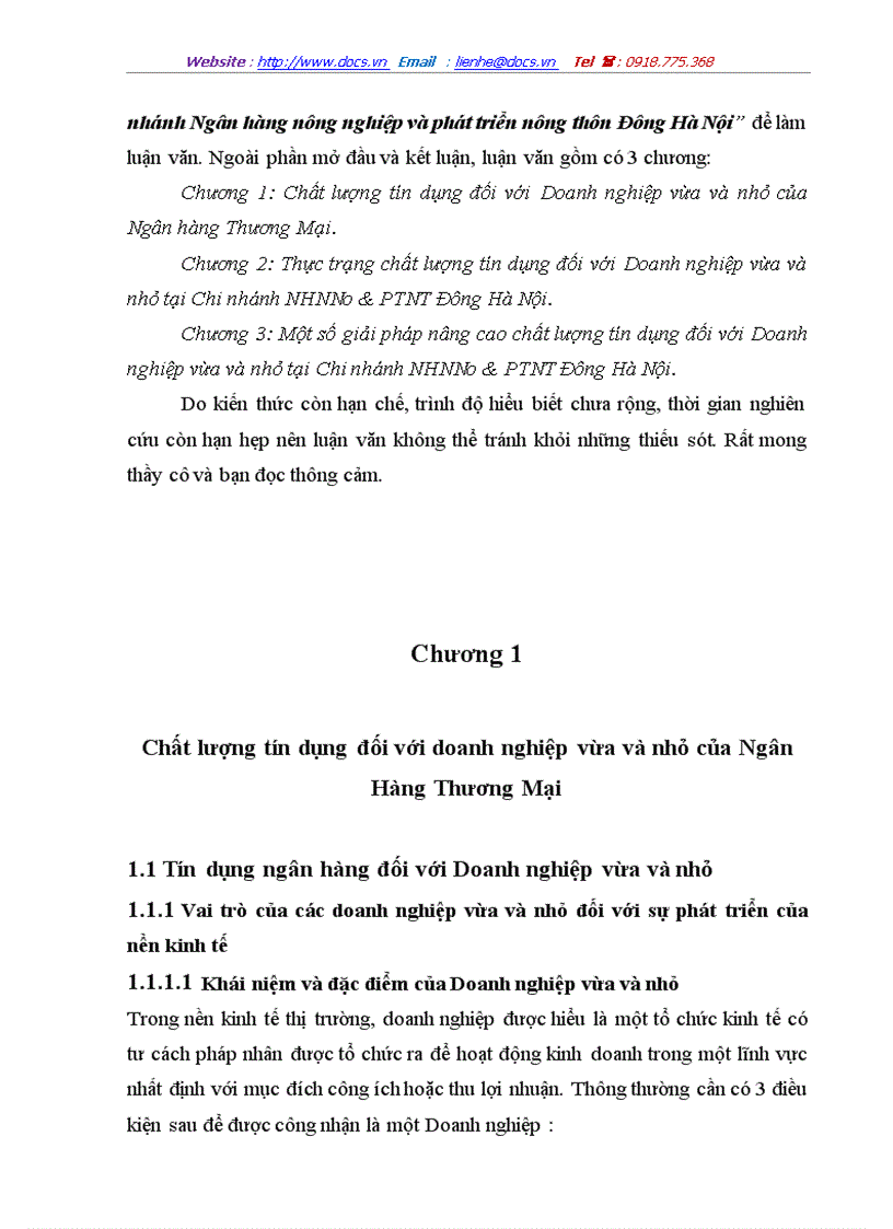 Giải pháp nâng cao chất lượng tín dụng đối với Doanh nghiệp vừa và nhỏ tại Chi nhánh Ngân hàng nông nghiệp và phát triển nông thôn Đông Hà Nội