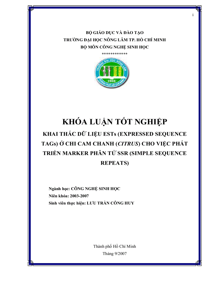 image for page KHAI THÁC DỮ LIỆU ESTs EXPRESSED SEQUENCE TAGs Ở CHI CAM CHANH CITRUS CHO VIỆC PHÁT TRIỂN MARKER PHÂN TỬ SSR SIMPLE SEQUENCE REPEATS