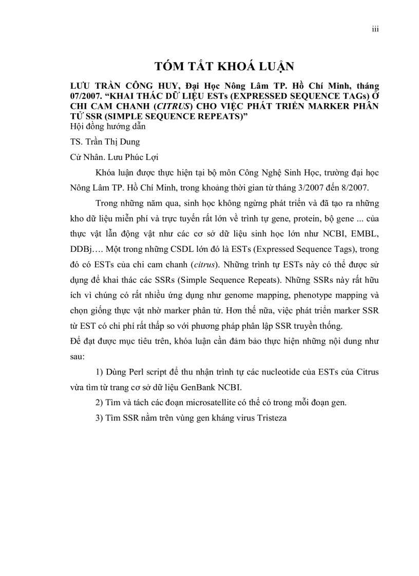 image for page KHAI THÁC DỮ LIỆU ESTs EXPRESSED SEQUENCE TAGs Ở CHI CAM CHANH CITRUS CHO VIỆC PHÁT TRIỂN MARKER PHÂN TỬ SSR SIMPLE SEQUENCE REPEATS