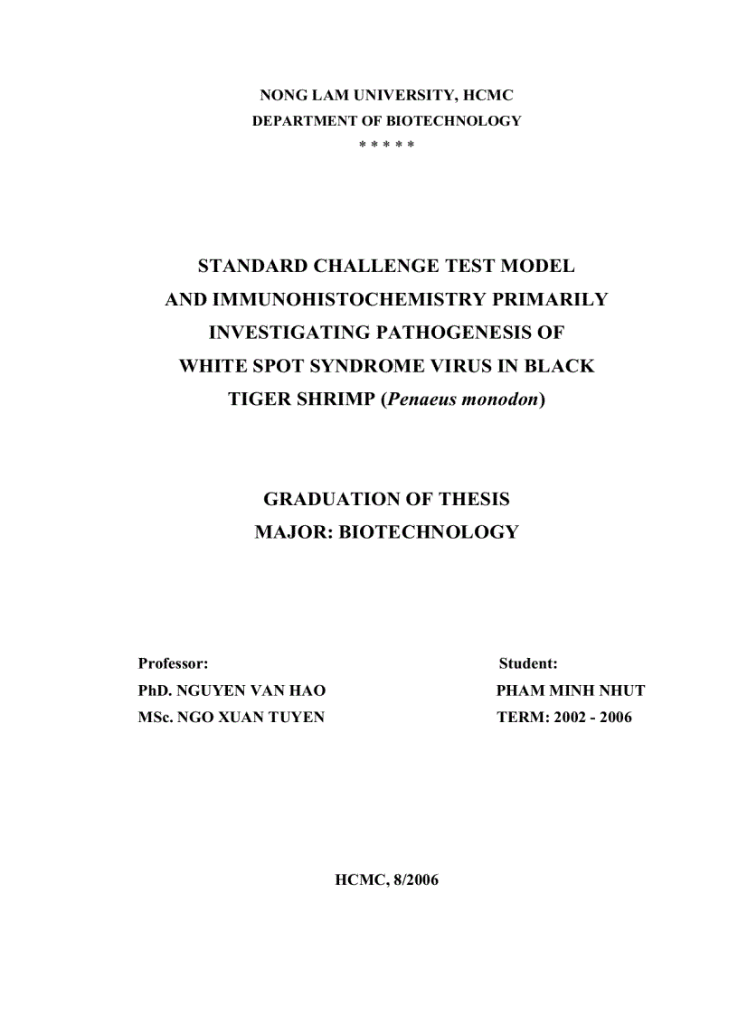 image for page Bước đầu khảo sát quá trình phát sinh bệnh pathogenesis của virus đốm trắng White Spot Syndrome Virus WSSV trên tôm sú Penaeus mondon