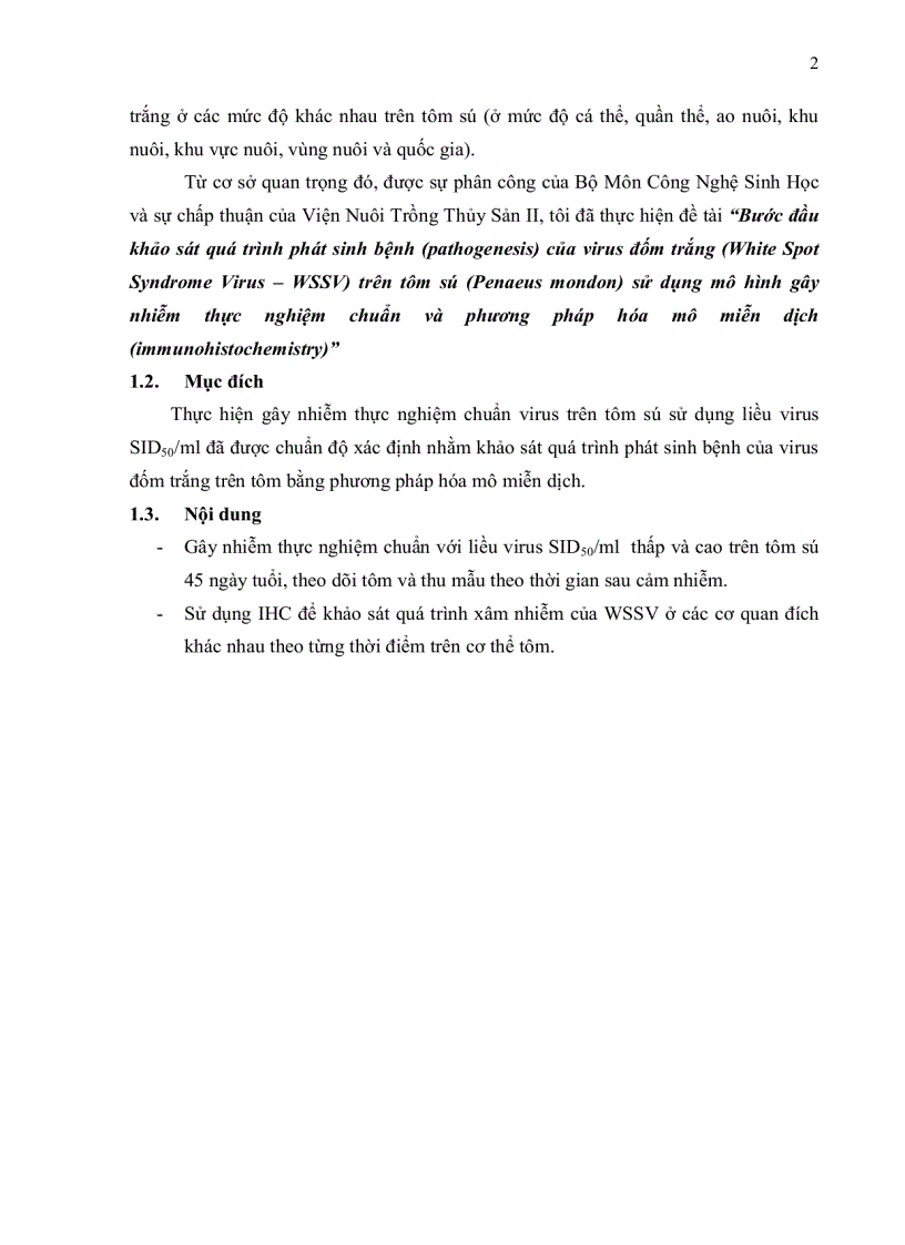 image for page Bước đầu khảo sát quá trình phát sinh bệnh pathogenesis của virus đốm trắng White Spot Syndrome Virus WSSV trên tôm sú Penaeus mondon