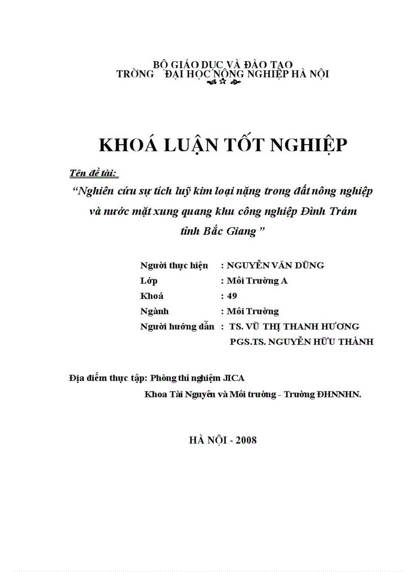 image for page Nghiên cứu sự tích luỹ kim loại nặng trong đất nông nghiệp và nước mặt xung quang khu công nghiệp Đình Trám tỉnh Bắc Giang