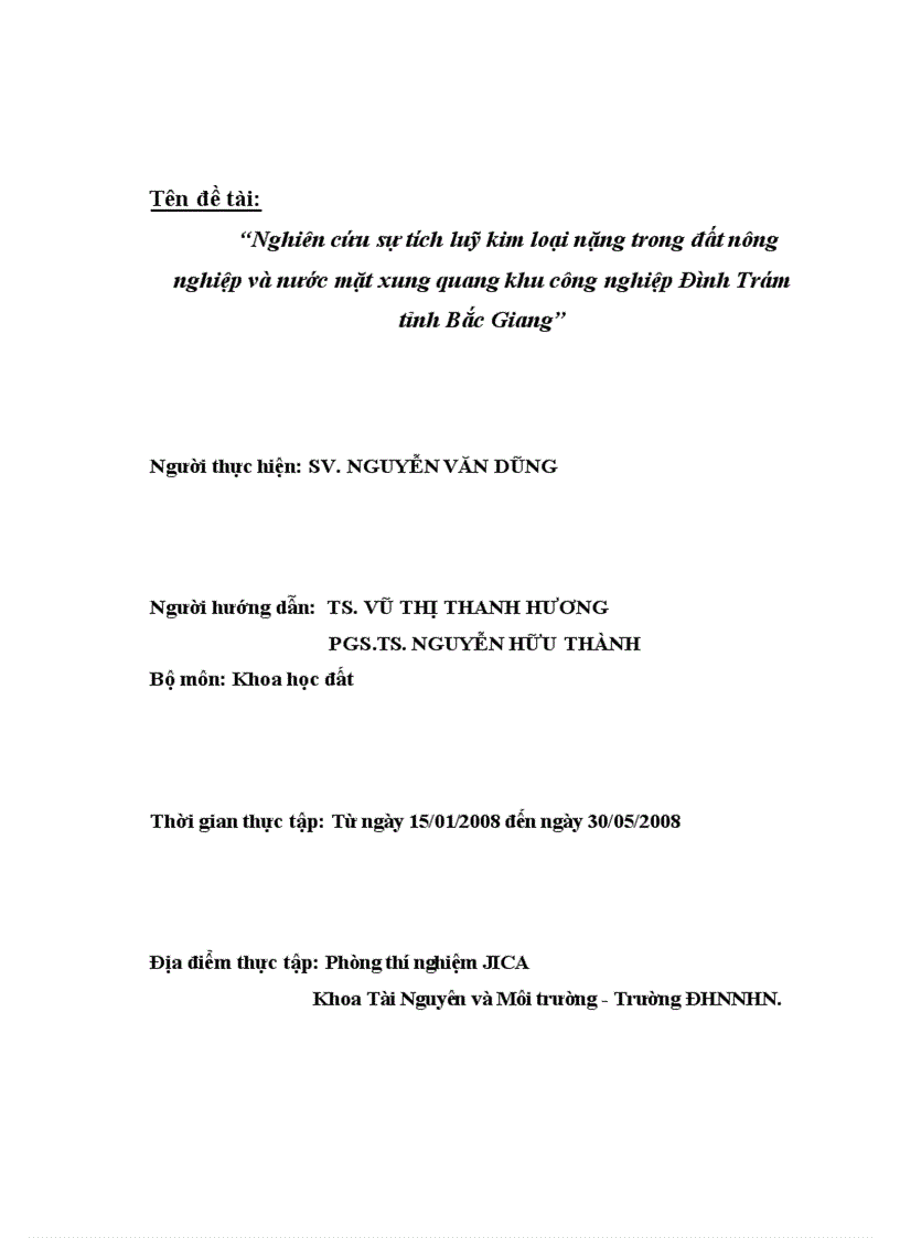 image for page Nghiên cứu sự tích luỹ kim loại nặng trong đất nông nghiệp và nước mặt xung quang khu công nghiệp Đình Trám tỉnh Bắc Giang