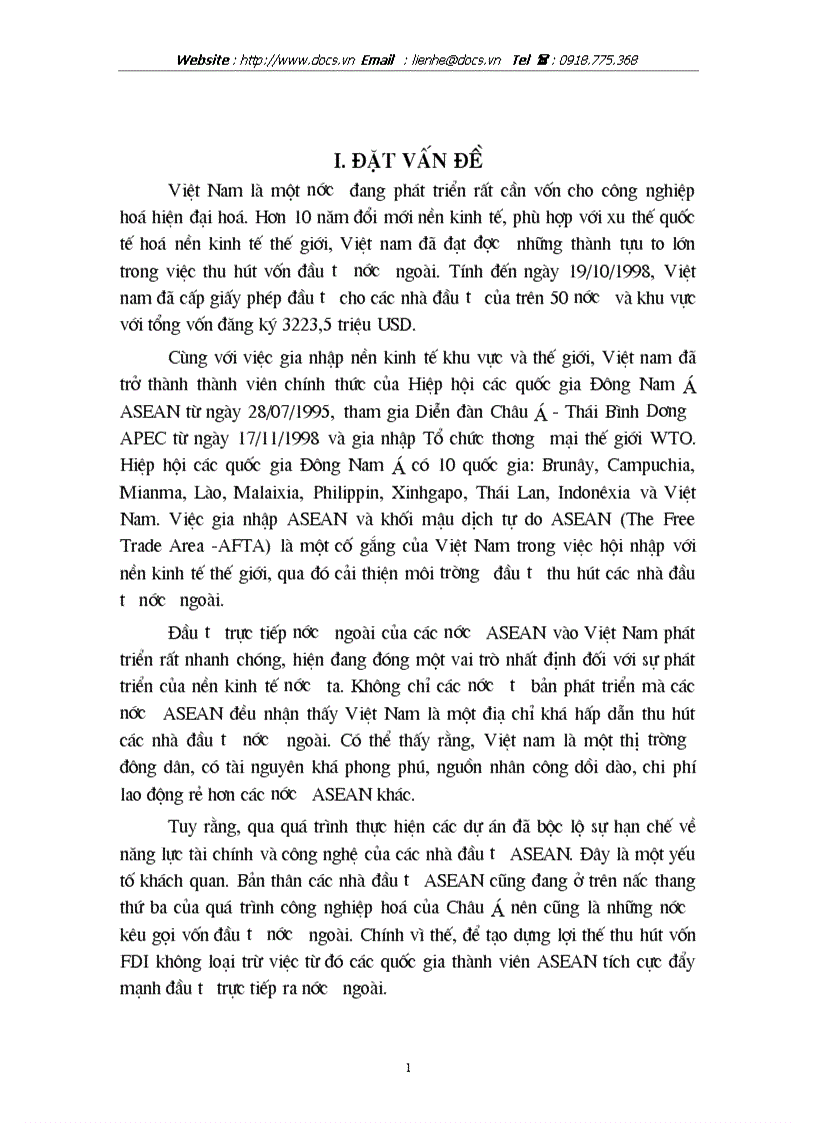 Đầu tư trực tiếp của các nước ASEAN vào Việt nam thực trạng và triển vọng