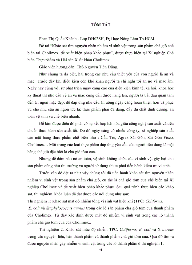 image for page Khảo sát tìm nguyên nhân nhiễm vi sinh vật trong sản phẩm chả giò chế biến tại cholimex đề xuất biện pháp khắc phục