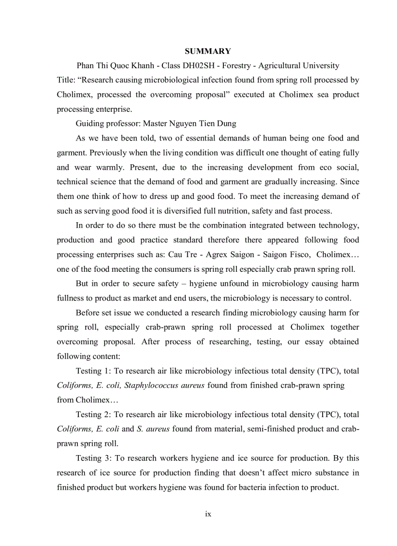 image for page Khảo sát tìm nguyên nhân nhiễm vi sinh vật trong sản phẩm chả giò chế biến tại cholimex đề xuất biện pháp khắc phục