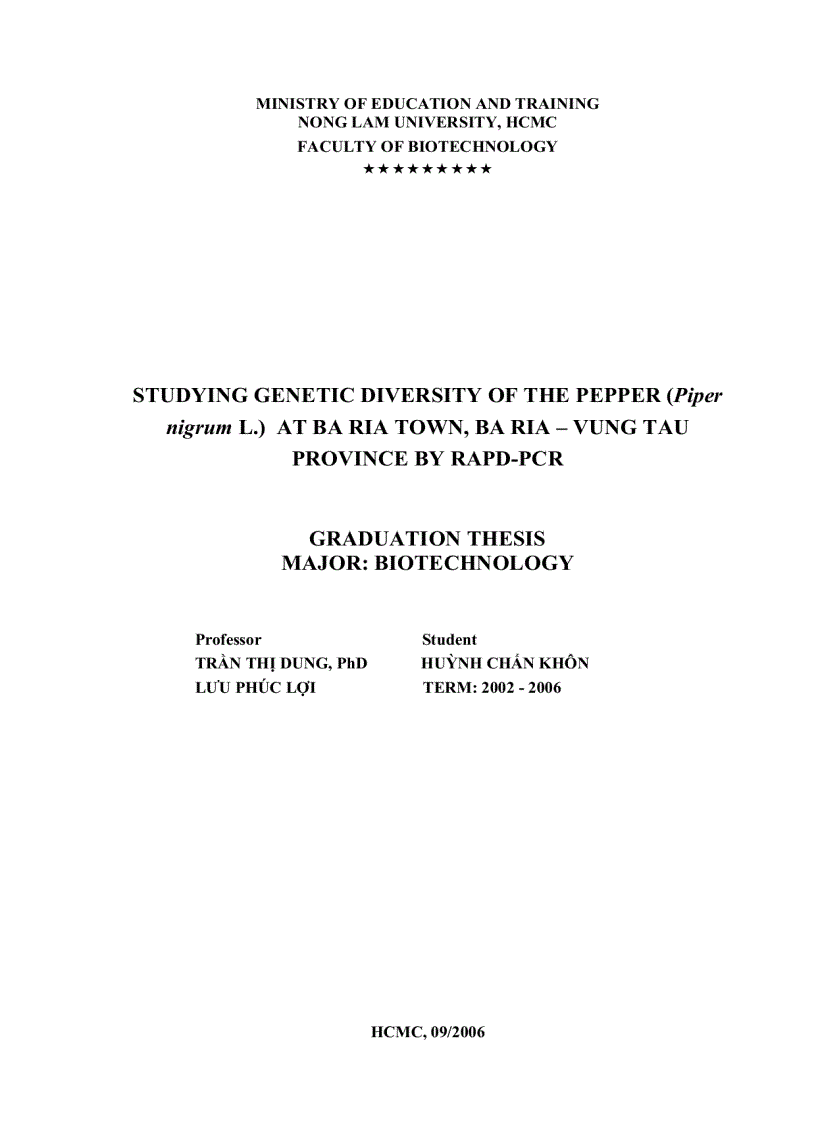 NGHIÊN CỨU ĐA DẠNG DI TRUYỀN CÂY TIÊU Piper nigrum L TẠI THỊ XÃ BÀ RỊA THUỘC TỈNH BÀ RỊA VŨNG TÀU BẰNG KỸ THUẬT RAPD