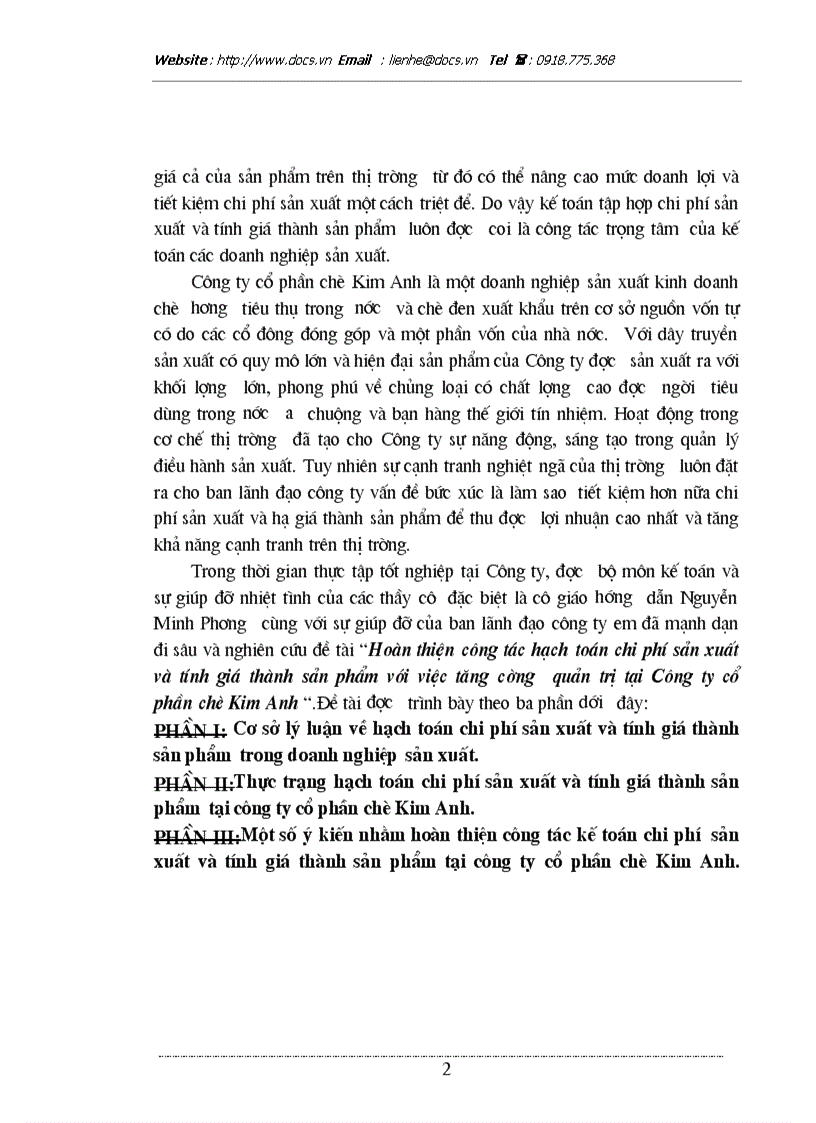 image for page Hoàn thiện công tác hạch toán chi phí sản xuất và tính giá thành sản phẩm với việc tăng cường quản trị tại Công ty CP chè Kim Anh