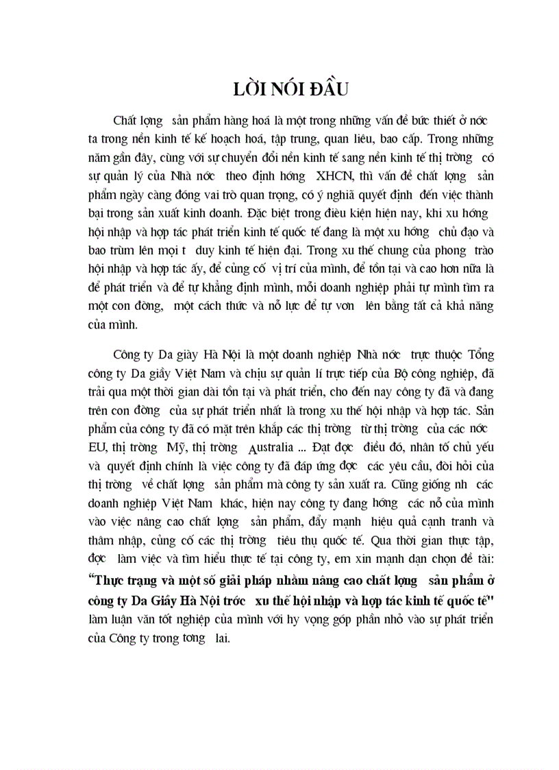 Thực trạng và một số giải pháp nhằm nâng cao chất lượng sản phẩm ở công ty Da Giầy Hà Nội trước xu thế hội nhập và hợp tác kinh tế quốc tế