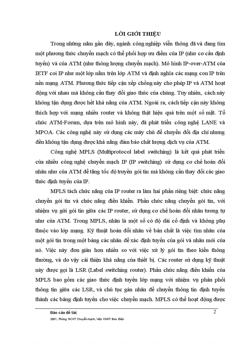 Báo cáo hội thảo lần i đề tài Nghiên cứu công nghệ chuyển mạch nhãn mpls và đề xuất các kiến nghị áp dụng trong mạng thế hệ sau ngn của tổng công