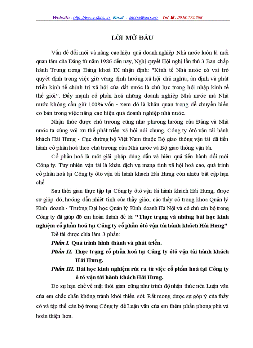 Thực trạng và những bài học kinh nghiệm cổ phần hoá tại Công ty cổ phần ôtô vận tải hành khách Hải Hưng
