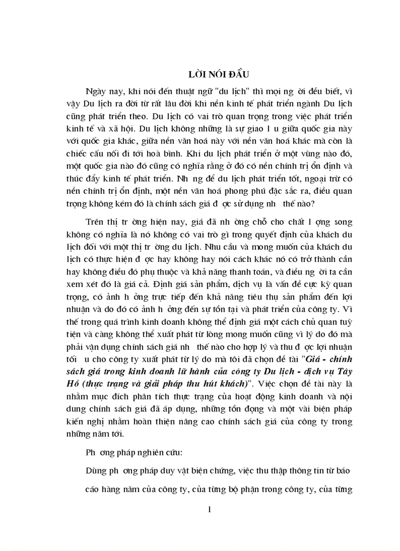 Giá chính sách giá trong kinh doanh lữ hành của công ty Du lịch dịch vụ Tây Hồ thực trạng và giải pháp thu hút khách