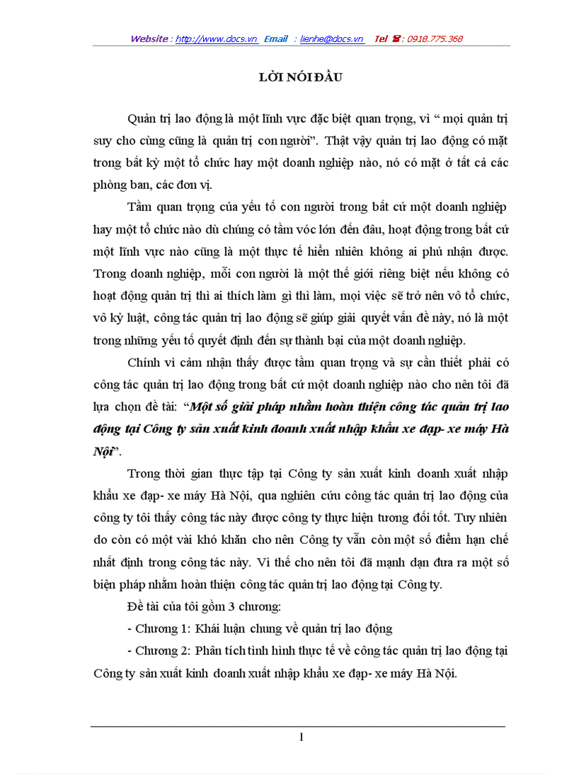 Một số giải pháp nhằm hoàn thiện công tác quản trị lao động tại Công ty sản xuất kinh doanh xuất nhập khẩu xe đạp xe máy Hà Nội