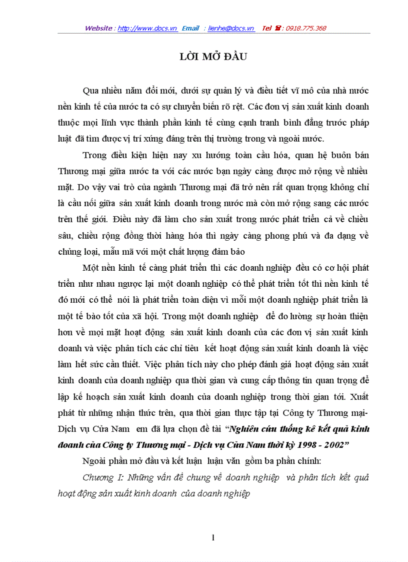 Nghiên cứu thống kê kết quả kinh doanh của Công ty Thương mại Dịch vụ Cửa Nam thời kỳ 1998 2002