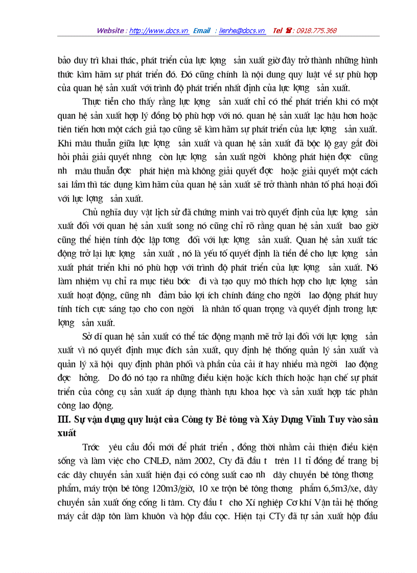 Sự vận dụng quy luật của Công ty Bê tông và Xây Dựng Vĩnh Tuy vào sản xuất