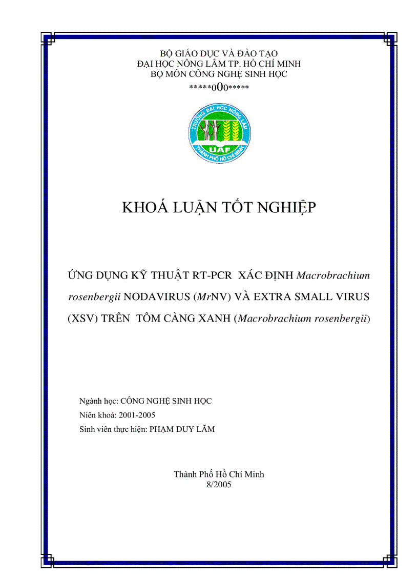 image for page ỨNG DỤNG KỸ THUẬT RT PCR XÁC ĐỊNH Macrobrachium rosenbergii NODAVIRUS MrNV VÀ EXTRA SMALL VIRUS XSV TRÊN TÔM CÀNG XANH Macrobrachium rosenbergii