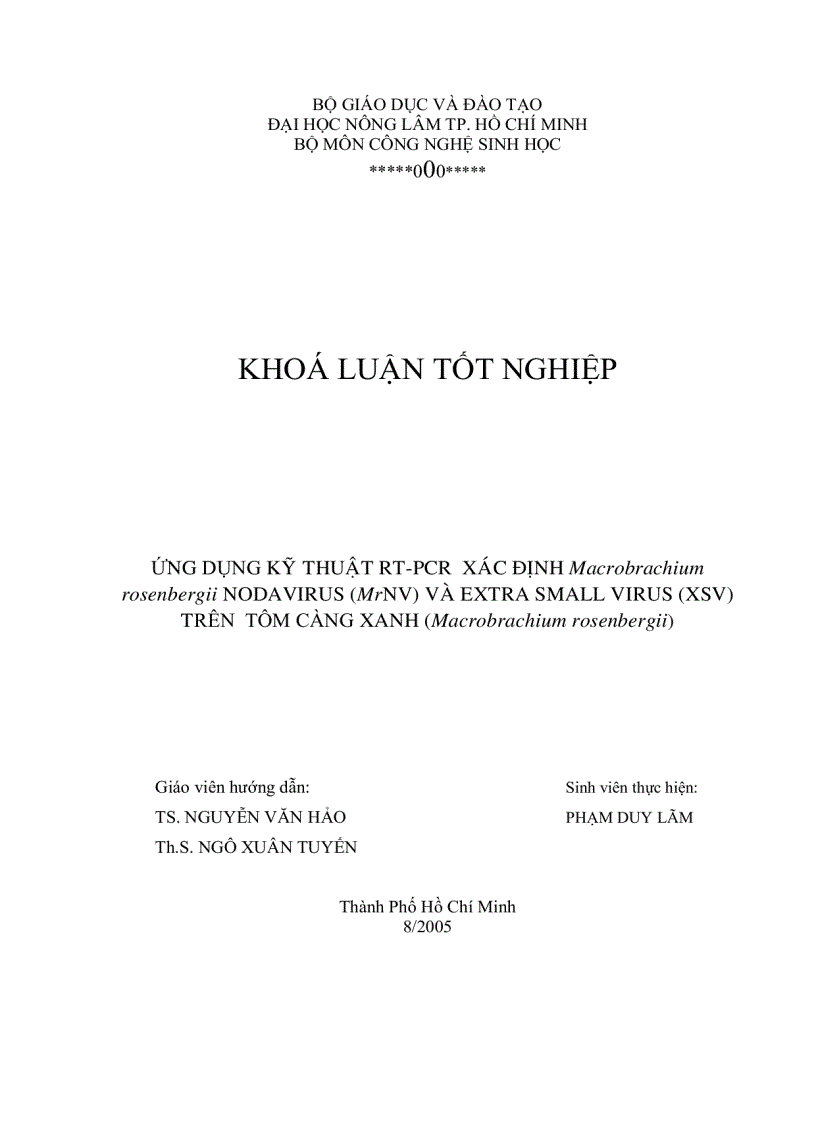 image for page ỨNG DỤNG KỸ THUẬT RT PCR XÁC ĐỊNH Macrobrachium rosenbergii NODAVIRUS MrNV VÀ EXTRA SMALL VIRUS XSV TRÊN TÔM CÀNG XANH Macrobrachium rosenbergii