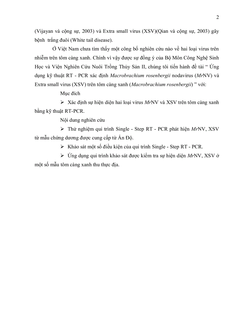 image for page ỨNG DỤNG KỸ THUẬT RT PCR XÁC ĐỊNH Macrobrachium rosenbergii NODAVIRUS MrNV VÀ EXTRA SMALL VIRUS XSV TRÊN TÔM CÀNG XANH Macrobrachium rosenbergii