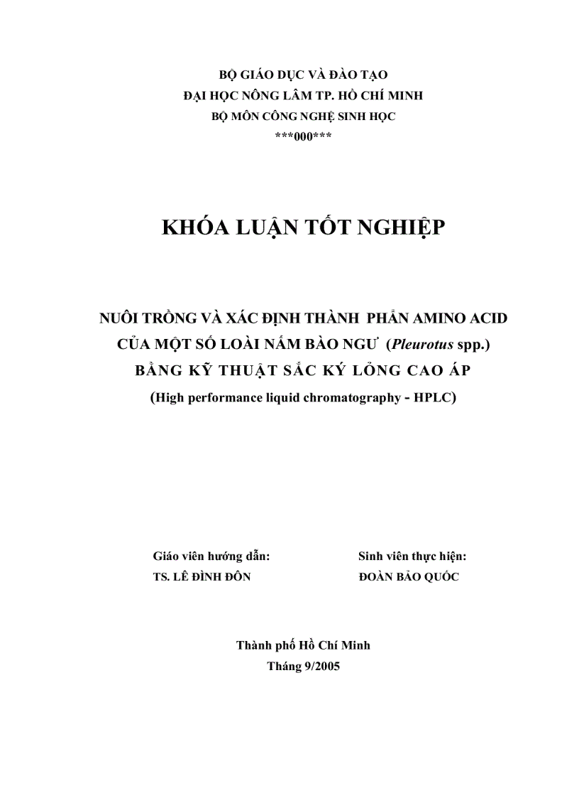 image for page Nuôi trồng và xác định thành phẩn amino acid của một số loài nấm bào ngư bằng kỹ thuật sắc ký lỏng cao áp hplc