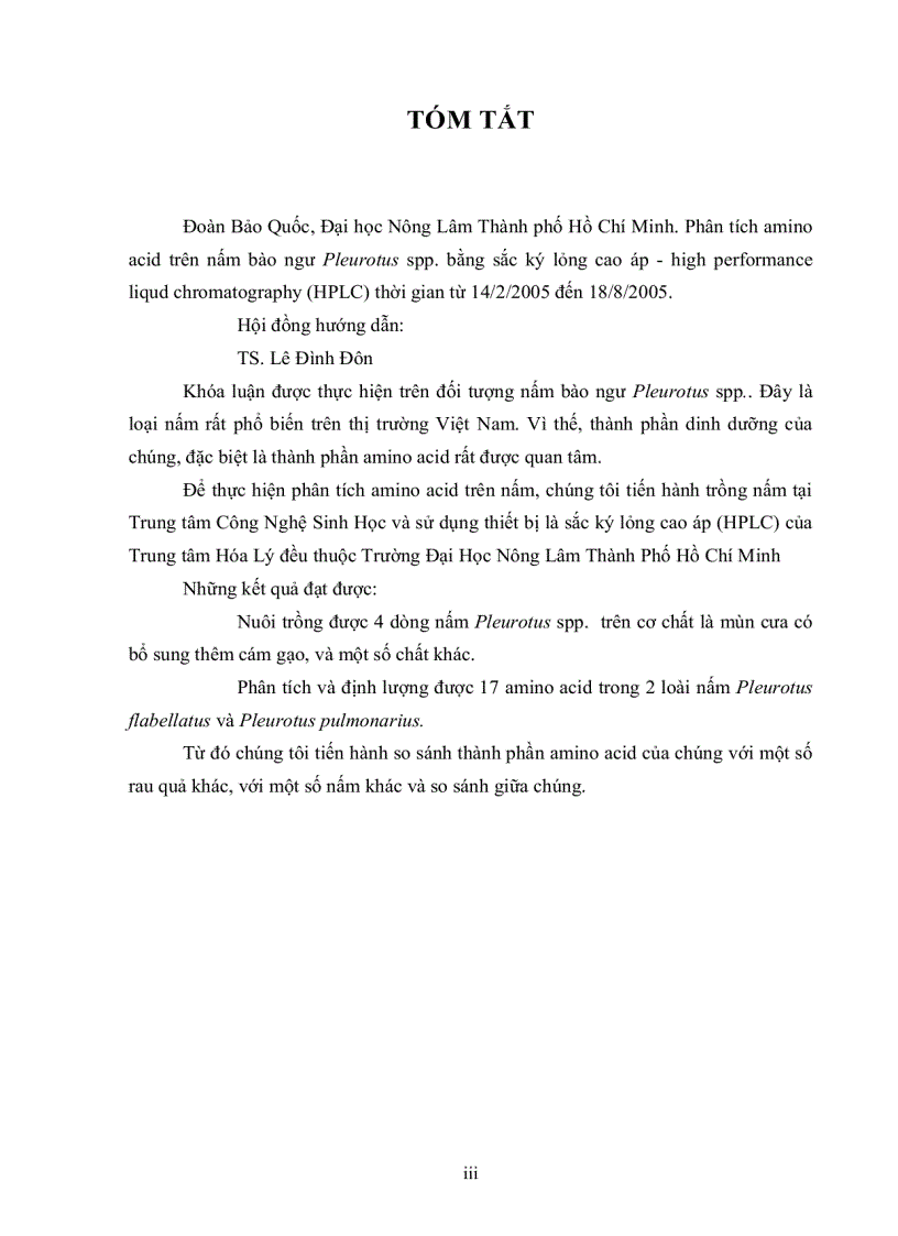 image for page Nuôi trồng và xác định thành phẩn amino acid của một số loài nấm bào ngư bằng kỹ thuật sắc ký lỏng cao áp hplc