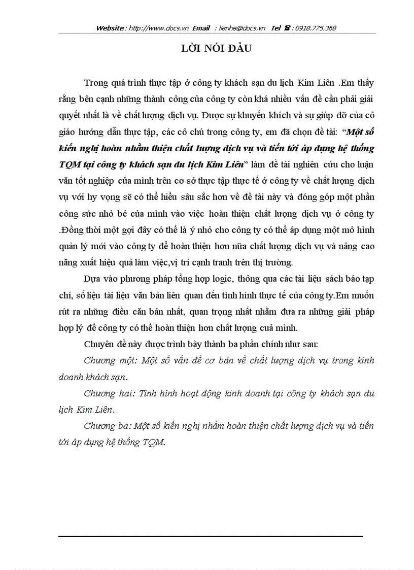 image for page Một số kiến nghị nhằn hoàn thiện chất lượng dịch vụ và tiến tới áp dụng hệ thống TQM tại công ty khách sạn du lịch Kim Liên