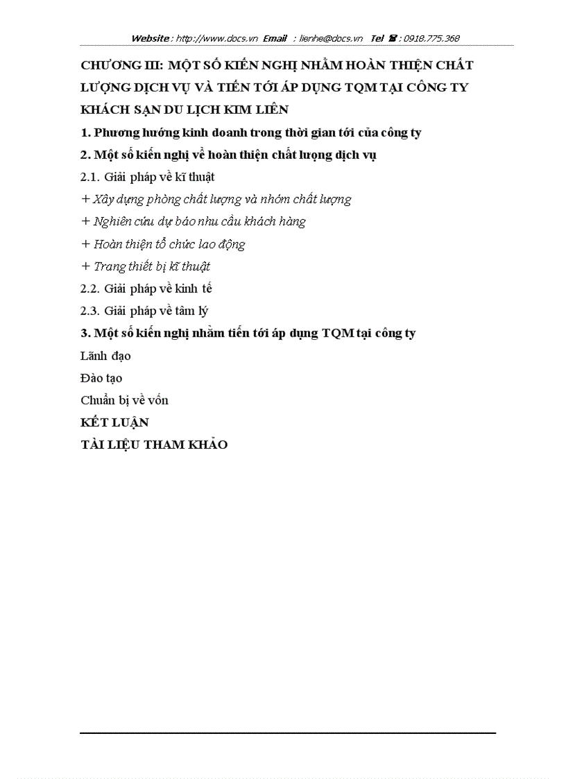 image for page Một số kiến nghị nhằn hoàn thiện chất lượng dịch vụ và tiến tới áp dụng hệ thống TQM tại công ty khách sạn du lịch Kim Liên