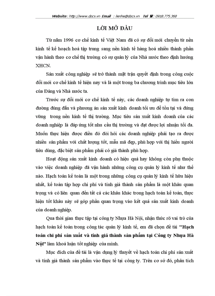 Một số biện pháp nhằm hoàn thiện công tác hạch toán chi phí sản xuất và tính giá thành sản phẩm tại công ty nhựa hà nội