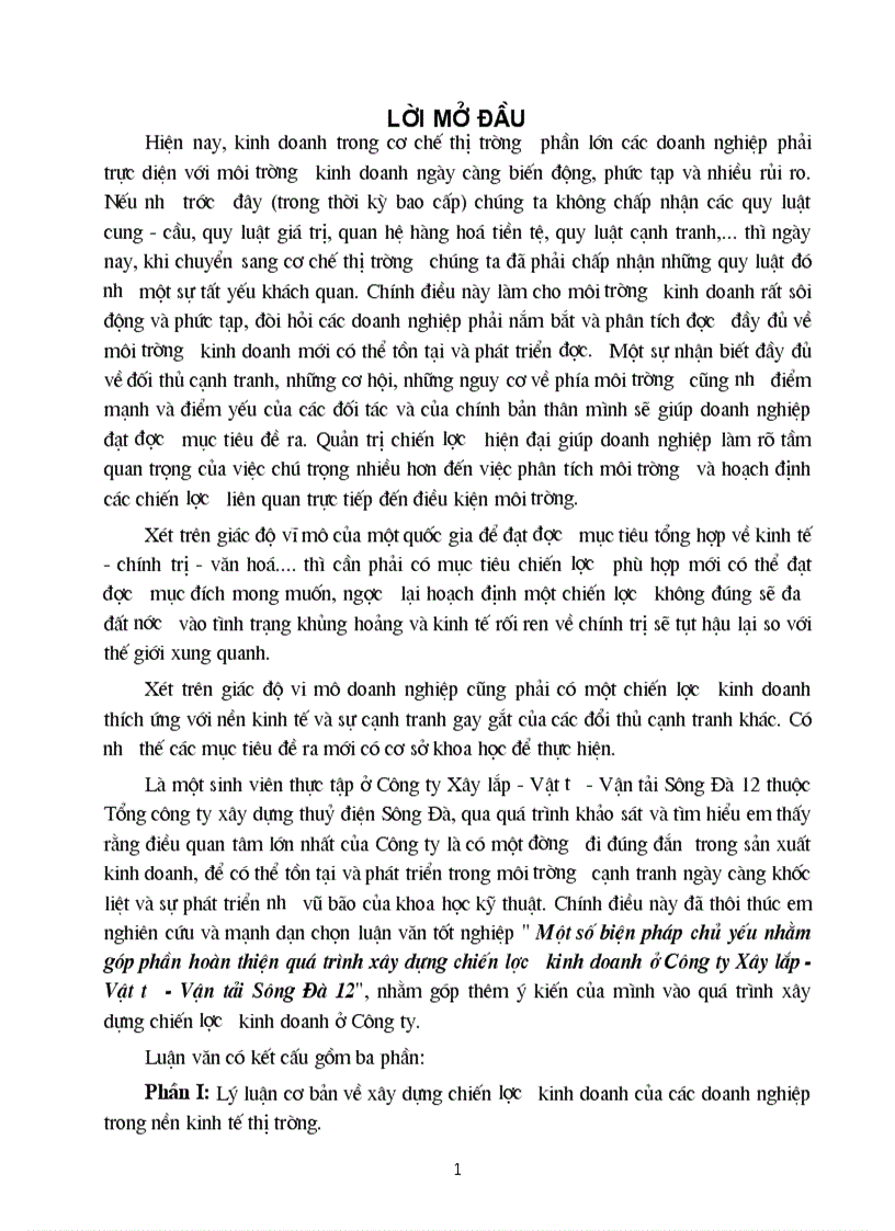 Một số biện pháp chủ yếu nhằm góp phần hoàn thiện quá trình xây dựng chiến lược kinh doanh ở Công ty Xây lắp Vật tư Vận tải Sông Đà 12
